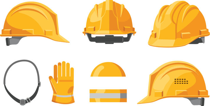 Construction Safety Helmet and Protective Equipment Vector Set Hard Hat Gloves Mask and Reflective Gear for Industrial Worker Protection Design.