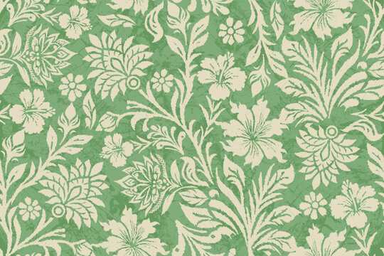 Tropical Floral Seamless Pattern with Vintage Texture.Botanical Garden Repeat Design. Hand Drawn Exotic Floral Textile Pattern. Green Botanical Fabric Print.Decorative Island Floral Seamless Wallpaper