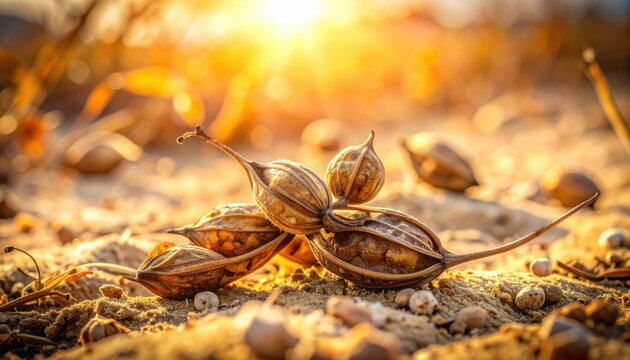 Dry, shriveled seed pods scattered on parched ground, cessation of plant reproduction, FlyPro Firefly