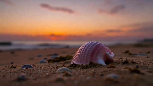 A pink seashell sits on a sandy beach with small pebbles scattered around it, as the sun sets in the background casting a warm orange glow across the sky and sea