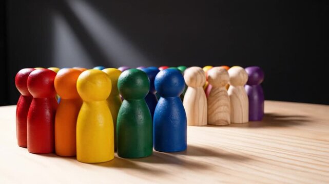 Colorful wooden figures in a group.