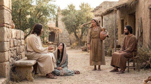Jesus Christ visiting Martha and Mary with Lazarus in Bethany, serene atmosphere, biblical scene