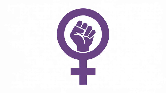 Purple female symbol with raised fist inside circle