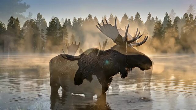 Majestic Bull Moose Standing in Misty Lake at Sunrise.