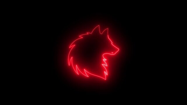Red neon wolf head outline on black background Keywords: wolf, head, outline, neon, red, glowing, silhouette, animal, predator, wild, canine, digital art, illustration, graphic, symbol, emblem