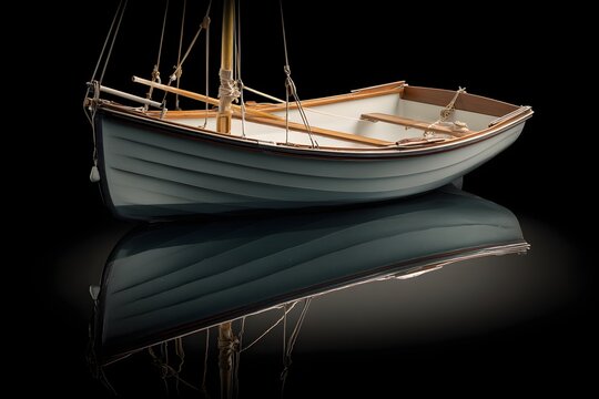 Elegant, glossy dinghy with intricate rigging reflects beautifully in serene, softly lit studio.