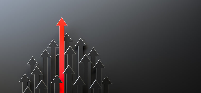 Leadership and growth concept, red arrow standing out from the crowd of black arrows, on black background with empty copy space on right side. 3D Rendering