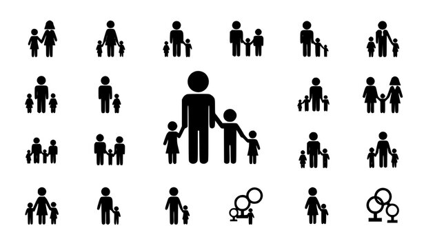 Family icon set parent and child silhouettes black and white people symbol vector illustration