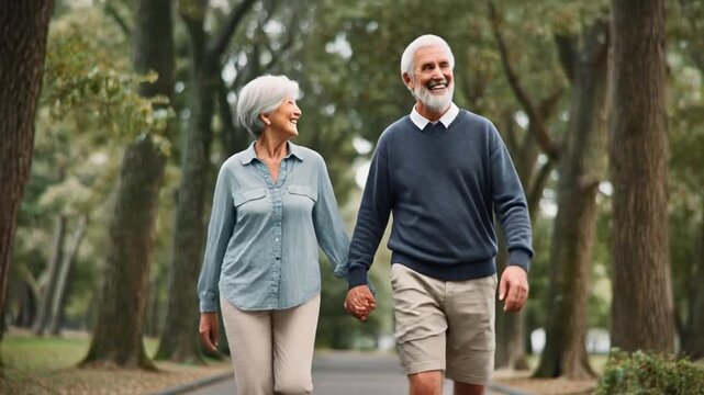 A smiling elderly couple walking hand in hand on a tree-lined path