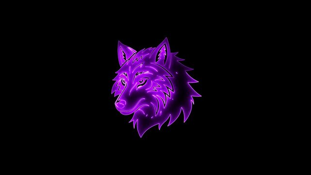 Purple neon wolf head silhouette on black background Keywords: wolf, head, silhouette, neon, purple, glowing, outline, animal, predator, wild, canine, digital art, illustration, graphic, symbol