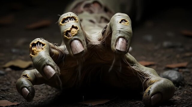 Ghastly, decaying hand reaches from the darkness, horror and decay illustrated in grim detail