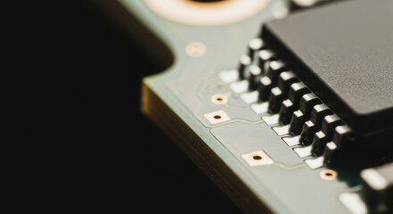 Macro shot of a detailed microchip integrated on a green circuit board, showcasing advanced electronic components and intricate connections in modern technology.