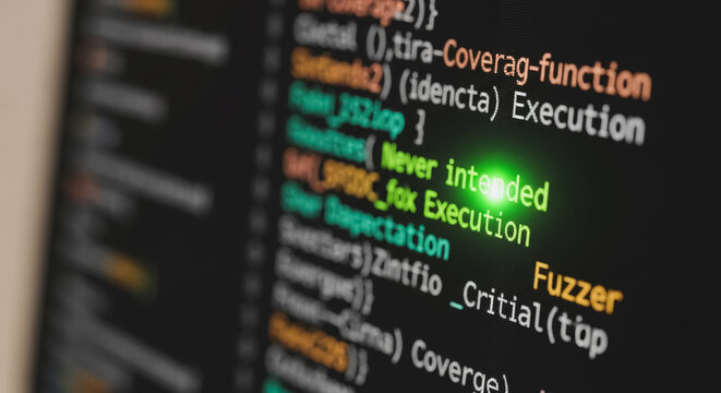 Computer screen displaying complex source code with a glowing 'Never intended' message, highlighting a potential software error or bug during development.