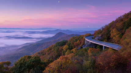 Scenic Mountain Road at Sunrise with Autumn Foliage