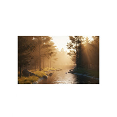 Serene forest stream at sunrise with sunbeams isolated on transparent background