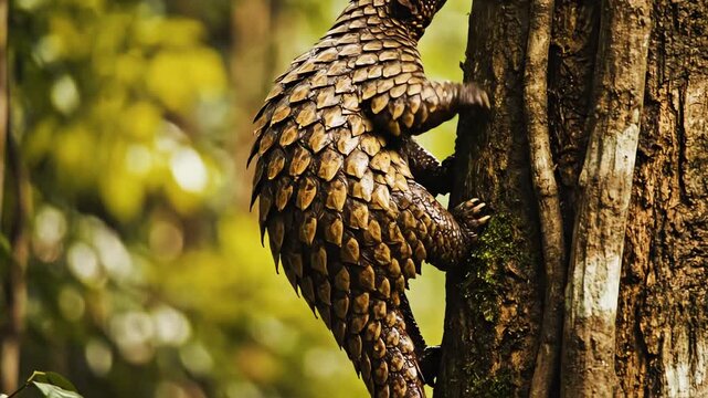 Pangolin Climbing Tree in Lush Forest Environment.