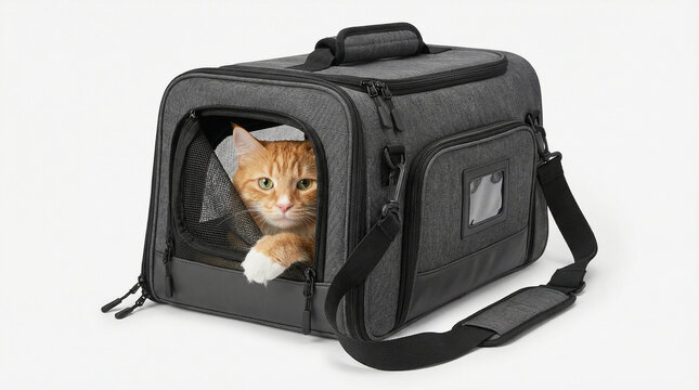 Orange cat resting inside a soft pet carrier bag with a window isolate on a white background  