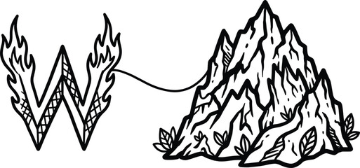Letter W connected to mountain landscape with flaming typography creative adventure logo design black and white vector illustration © Mohammad