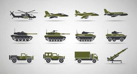 Collection of Military Vehicles and Aircraft Icons. © Kemin