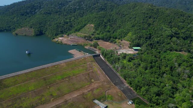 Air Itam Dam supplying water Penang, Malaysia. Great aerial view drone