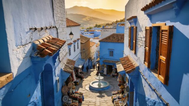 picturesque blue city streets of chefchaouen north africa zoom out video