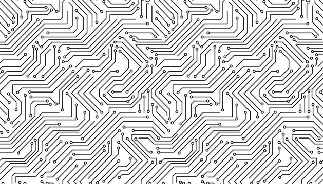 Seamless black and white circuit board pattern background with abstract technology lines futuristic digital network texture vector illustration