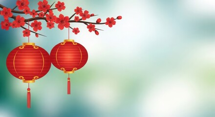 Fototapeta premium A pair of red chinese lanterns hanging from a tree illustration