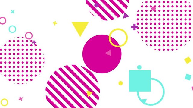 Abstract colorful memphis style geometric shapes on white background seamless loop