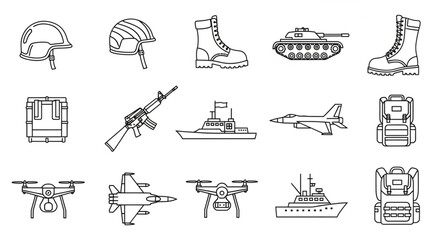 Collection of military equipment and vehicles hand-drawn sketch style. © Kemin