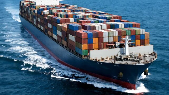AI-generated video. Ship in the middle of the sea, the ship is loaded with containers. Slow motion.