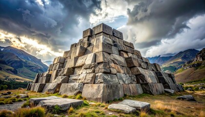 FlyPro Firefly Rough-hewn Granite Blocks Meticulously Stacked Forming Imposing Structure High Resolution Overcast Sky