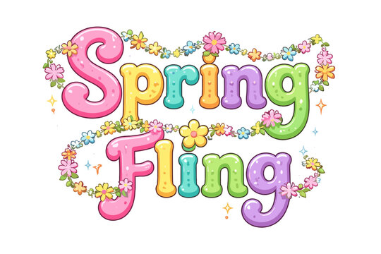 Playful Spring Fling lettering with floral chains and sparkles