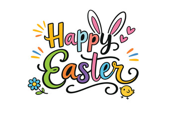 Obraz premium Colorful Happy Easter lettering with bunny ears and cute chick