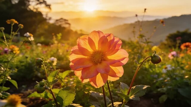 soft sunlight sunrise over flower garden at phu pha muak