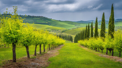 Fototapeta premium Rolling vineyard with tall cypress trees under cloudy sky