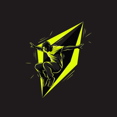 Dynamic parkour athlete captured mid-jump against a striking neon yellow geometric shape © Azmil