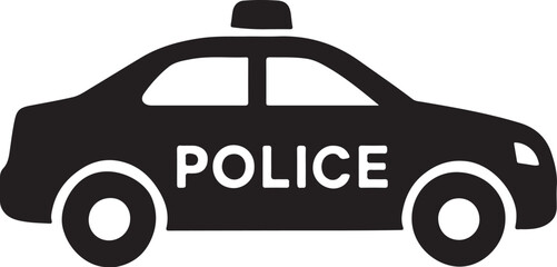 Minimal police car silhouette with clean modern outline, emergency law enforcement vehicle concept, simple black vector design, isolated on white background. © Sharmin