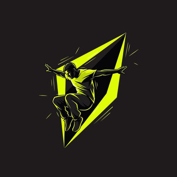 Dynamic parkour athlete captured mid-jump against a striking neon yellow geometric shape