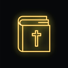 Fototapeta premium Yellow neon sign of a bible with a cross on the cover glowing on a dark background