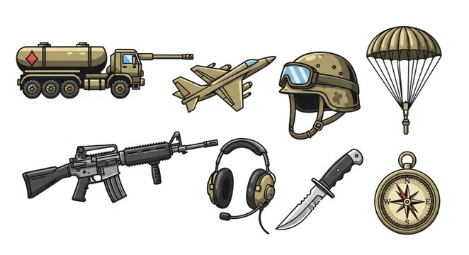 Collection of military equipment and supplies illustration.