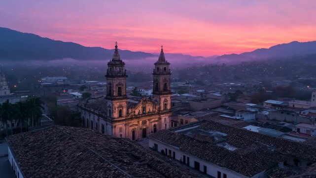sunset over colonial rooftops in morelia michoacan with stone buildings and cathedral towers video