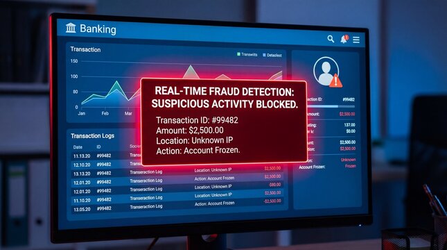 Close-up of a banking system interface displaying real-time fraud detection alerts with graphical data visualizations