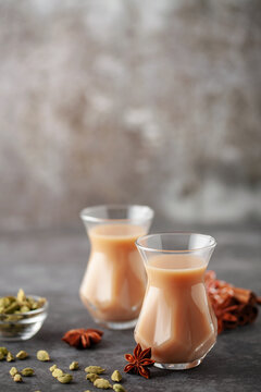 Traditional middle eastern beverage, indian drink masala or arabian karak chai. Closeup