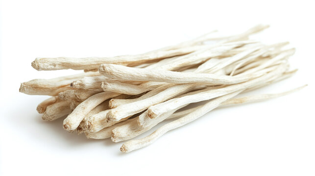 Bunch of dried ginseng roots or medicinal herbs isolated on a white background