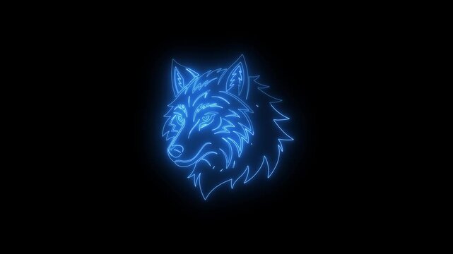 Blue Neon Wolf Head Silhouette Against Black Background image photo