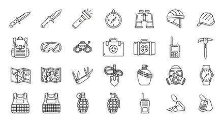 Fototapeta premium Collection of military and survival equipment icons.