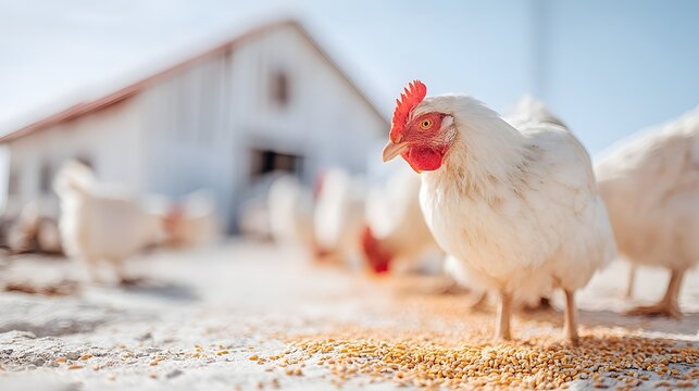 A white chicken is standing in front of a barn, eating grain