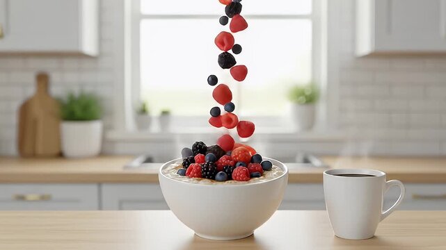 A bowl of oatmeal with falling berries sits next to a cup of coffee on a kitchen counter