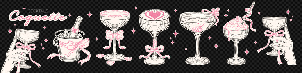 Cocktail coquette martini for glass bow wedding and champagne wine sketch. Whimsical pink vintage for drawn bucket cocktail and drinks love hand. Cocktail drink bubbles for glass ice coquette. © Alina Kolyuka