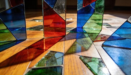 Fototapeta premium Stained-Glass Reflections on Polished Wood Floor